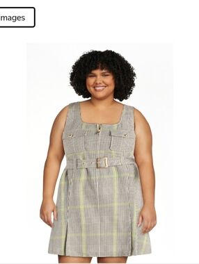 Free Assembly Womens Sleevless Square Neck Blk White Green Stripes Belted